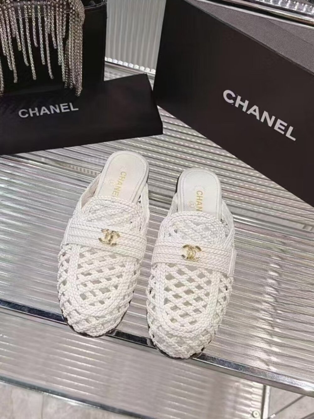 Chanel White Woven CC Logo Mule Slide Sandals